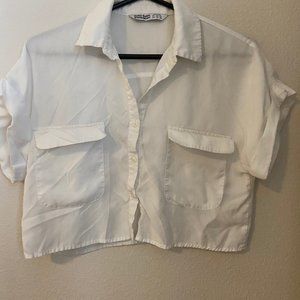 Cropped Short Sleeve Button Up with Pockets